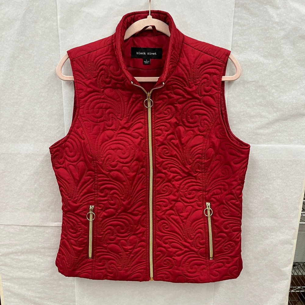 Black Rivet Puffer Vest Women Large Red Swirl Quilted Gold Zip Layering Chic